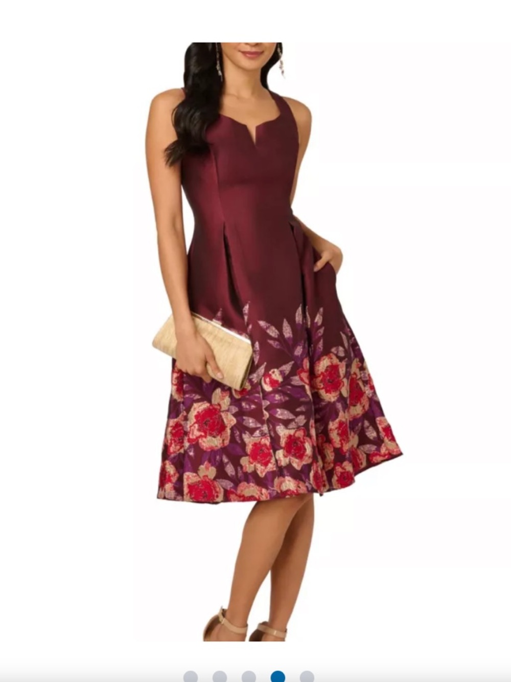Adrianna Papell Burgundy Floral Midi Fit-and-Flare Dress NWT